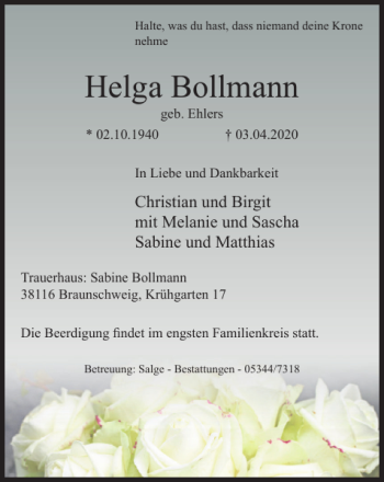 Traueranzeige von Helga Bollmann von Peiner Nachrichten