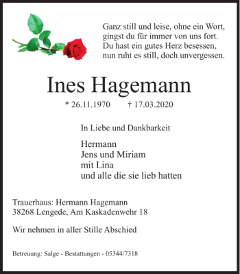 Traueranzeige von Ines Hagemann von Peiner Nachrichten