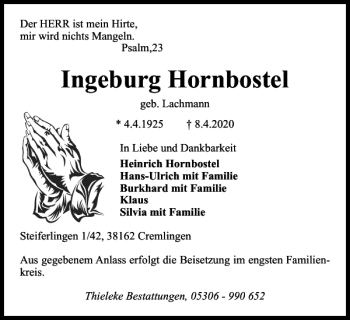Traueranzeige von Ingeburg Hornbostel von Wolfenbütteler Zeitung