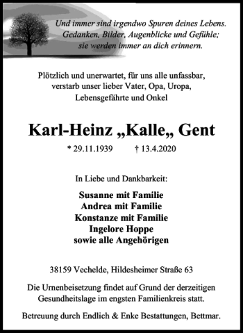 Traueranzeige von Karl-Heinz Kalle Gent von Braunschweiger Zeitung
