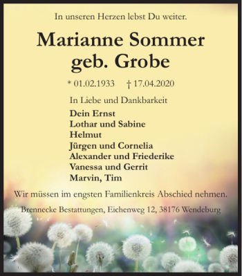 Traueranzeige von Marianne Sommer geb. Grobe von Braunschweiger Zeitung