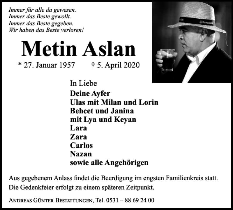  Traueranzeige für Metin Aslan vom 08.04.2020 aus Braunschweiger Zeitung