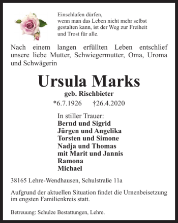 Traueranzeige von Ursula Marks von Helmstedter Nachrichten