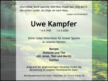 Traueranzeige von Uwe Kampfer von Braunschweiger Zeitung