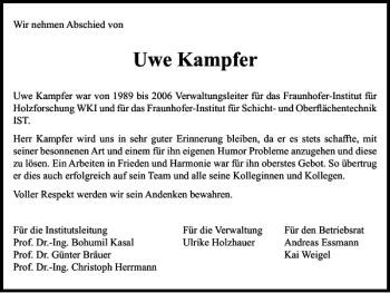 Traueranzeige von Uwe Kampfer von Braunschweiger Zeitung
