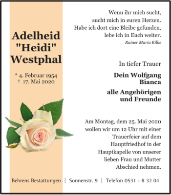 Traueranzeige von Adelheid Heidi Westphal von Braunschweiger Zeitung