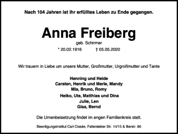 Traueranzeige von Anna Freiberg von Braunschweiger Zeitung