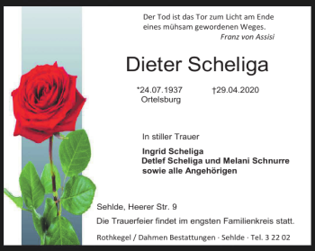 Traueranzeige von Anzeigen-Auftrag Dieter Scheliga von Salzgitter Zeitung