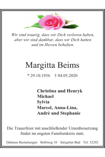 Traueranzeige von Anzeigen-Auftrag Margitta Beims von Salzgitter Zeitung