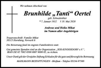 Traueranzeige von Brunhilde Tanti Oertel von Wolfenbütteler Zeitung