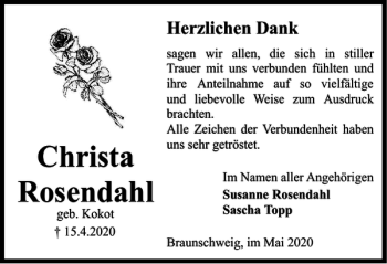 Traueranzeige von Christa Rosendahl von Braunschweiger Zeitung