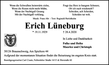 Traueranzeige von Erich Lüneburg von Braunschweiger Zeitung