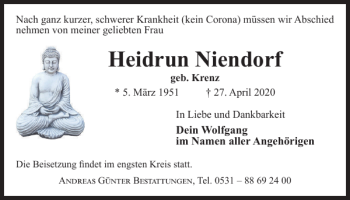 Traueranzeige von Heidrun Niendorf von Braunschweiger Zeitung