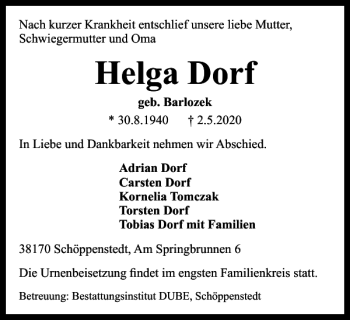 Traueranzeige von Helga Dorf von Wolfenbütteler Zeitung