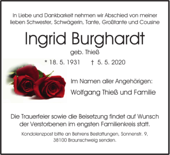 Traueranzeige von Ingrid Burghardt von Braunschweiger Zeitung
