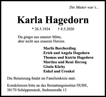 Traueranzeige von Karla Hagedorn von Wolfenbütteler Zeitung