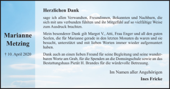 Traueranzeige von Marianne Metzing von Braunschweiger Zeitung