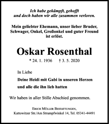 Traueranzeige von Oskar Rosenthal von Salzgitter Zeitung