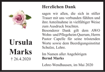 Traueranzeige von Ursula Marks von Helmstedter Nachrichten