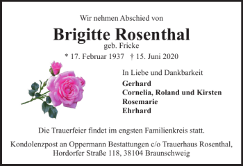Traueranzeige von Brigitte Rosenthal von Braunschweiger Zeitung