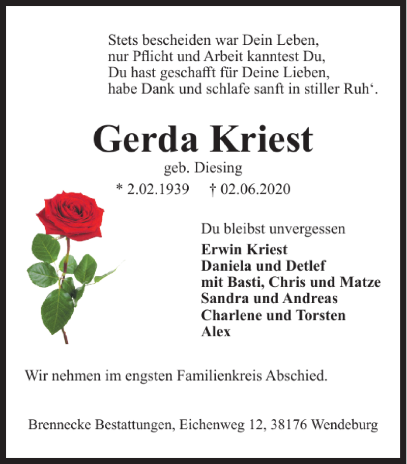  Traueranzeige für Gerda Kriest vom 06.06.2020 aus Salzgitter Zeitung