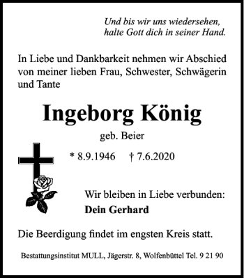 Traueranzeige von Ingeborg König von Wolfenbütteler Zeitung