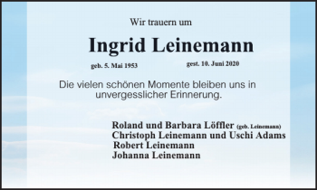 Traueranzeige von Ingrid Leinemann von Braunschweiger Zeitung