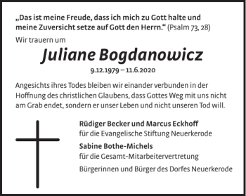 Traueranzeige von Juliane Bogdanowicz von Helmstedter Nachrichten