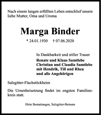 Traueranzeige von Marga Binder von Salzgitter Zeitung