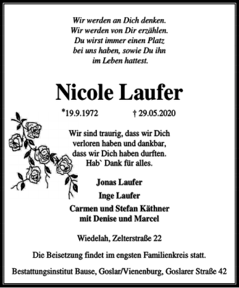 Traueranzeige von Nicole Laufer von Braunschweiger Zeitung