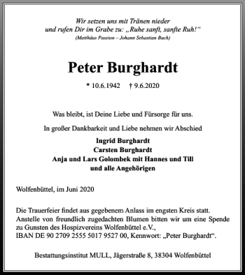 Traueranzeige von Peter Burghardt von Wolfenbütteler Zeitung