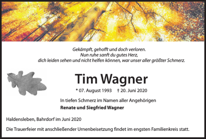  Traueranzeige für Tim Wagner vom 24.06.2020 aus Helmstedter Nachrichten