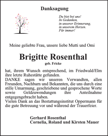 Traueranzeige von Brigitte Rosenthal von Braunschweiger Zeitung