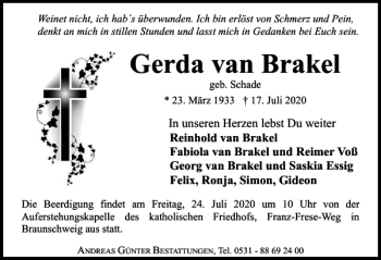 Traueranzeige von Gerda van Brakel von Braunschweiger Zeitung