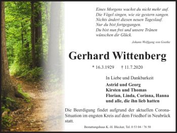 Traueranzeige von Gerhard Wittenberg von Braunschweiger Zeitung