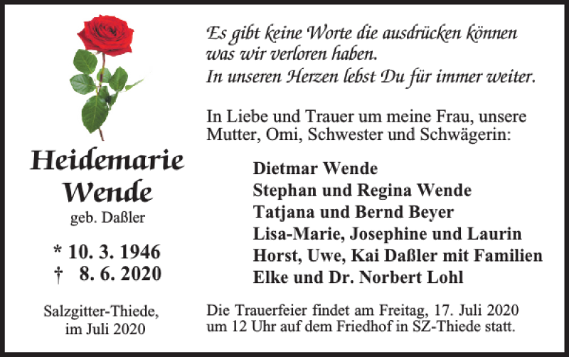  Traueranzeige für Heidemarie Wende vom 11.07.2020 aus Salzgitter Zeitung