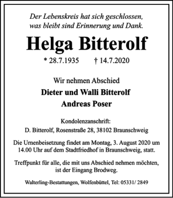 Traueranzeige von Helga Bitterolf von Braunschweiger Zeitung