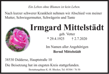 Traueranzeige von Irmgard Mittelstädt von Braunschweiger Zeitung