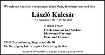 Traueranzeige von László Kulcsár von Braunschweiger Zeitung