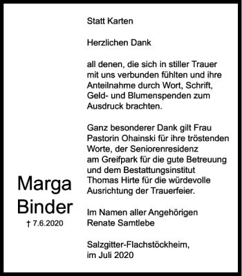 Traueranzeige von Marga Binder von Salzgitter Zeitung