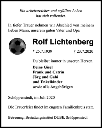 Traueranzeige von Rolf Lichtenberg von Wolfenbütteler Zeitung