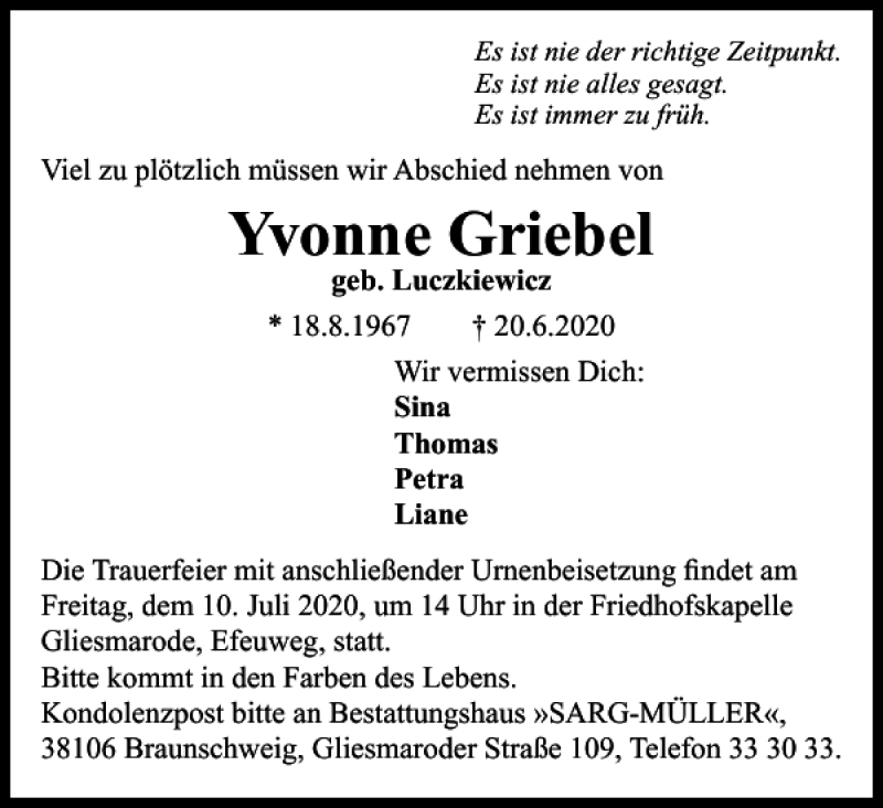  Traueranzeige für Yvonne Griebel vom 03.07.2020 aus Braunschweiger Zeitung