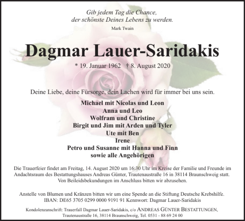  Traueranzeige für Dagmar Lauer-Saridakis vom 11.08.2020 aus Braunschweiger Zeitung