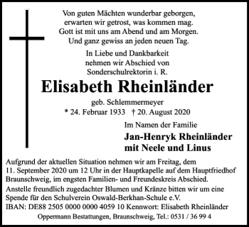 Traueranzeige von Elisabeth Rheinländer von Braunschweiger Zeitung