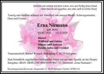 Traueranzeige von Erna Niemann SALZGITTER von Salzgitter Zeitung