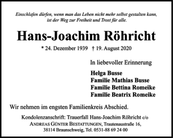 Traueranzeige von Hans-Joachim Röhricht von Braunschweiger Zeitung