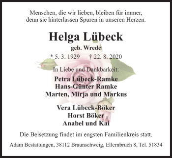 Traueranzeige von Helga Lübeck von Braunschweiger Zeitung