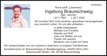 Traueranzeige von Ingeborg Braunschweig von Braunschweiger Zeitung
