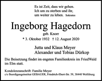 Traueranzeige von Ingeborg Hagedorn von Wolfsburger Nachrichten