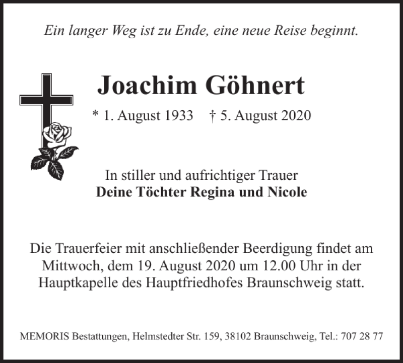  Traueranzeige für Joachim Göhnert vom 14.08.2020 aus Braunschweiger Zeitung